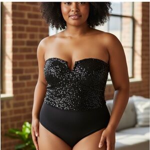 Black Sequin Strapless Bodysuit Party Top”